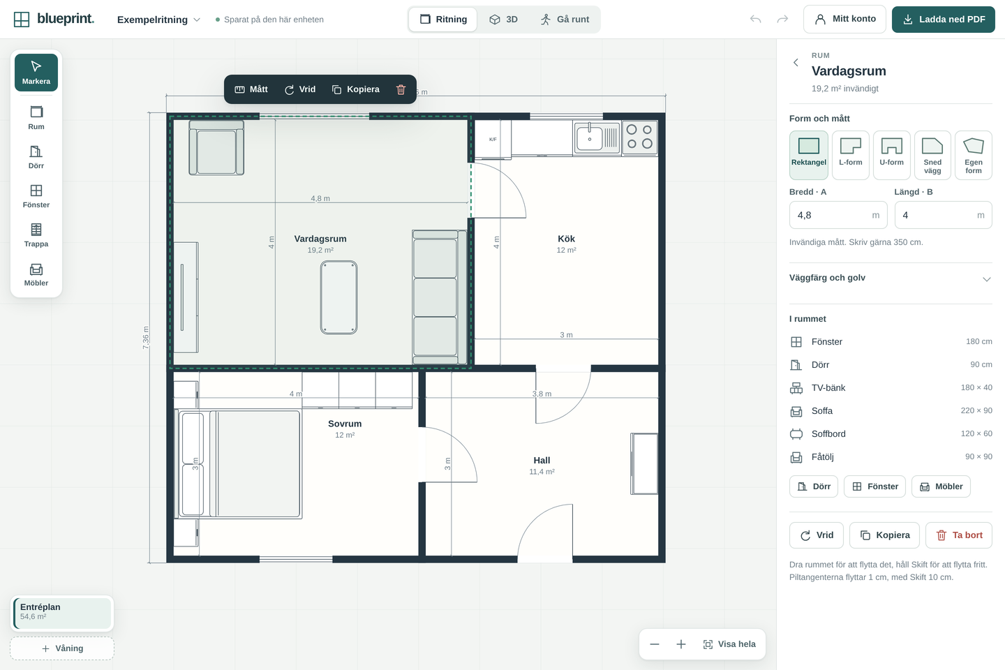 Blueprints ritverktyg med en möblerad planritning: vardagsrum, kök, sovrum och hall. Verktygen ligger till vänster och det valda rummets mått till höger.
